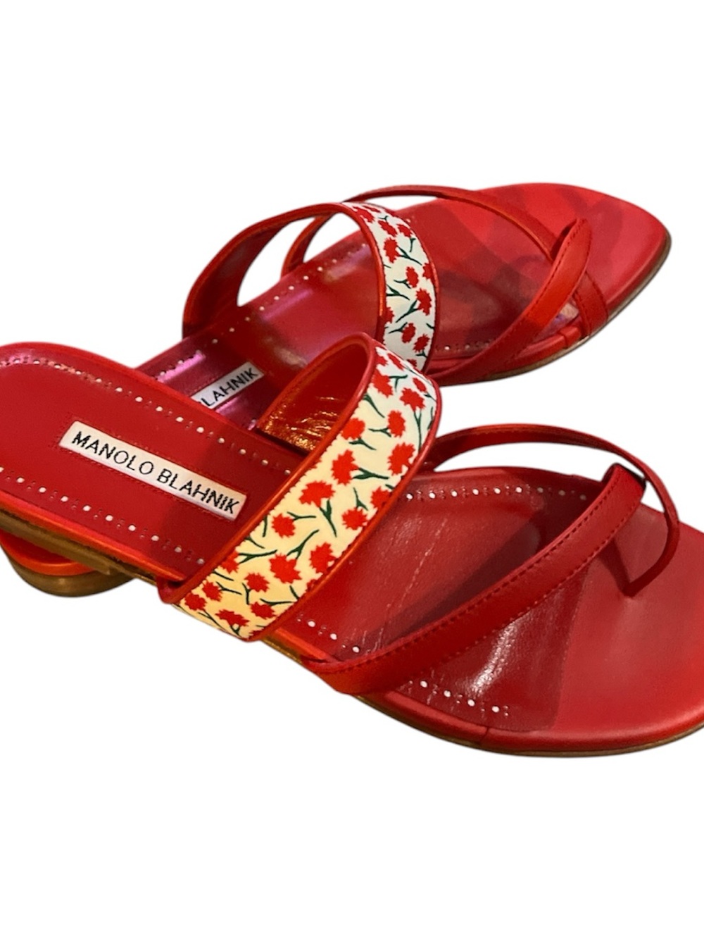 Manolo Blahnik Red Leather Floral-Trim Slide Sandals - Picture 2 of 3